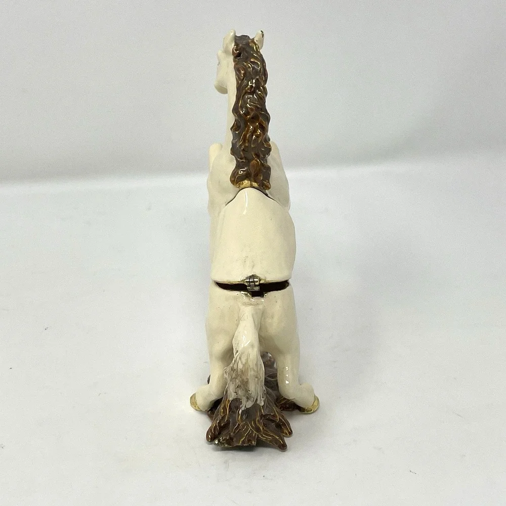Vintage Enamel Rearing Horse Trinket Box White Stallion Jeweled Eye - AS IS